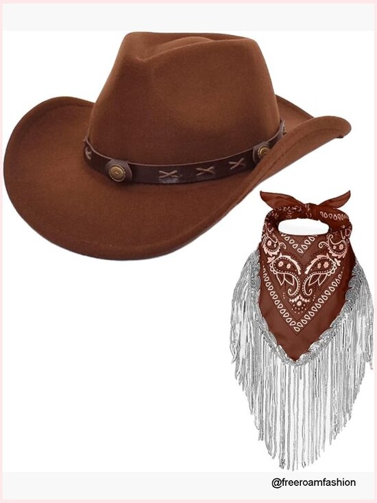 Wide Brim Cowboy Hat with Fringe Bandana Set Western Cowgirl Costume